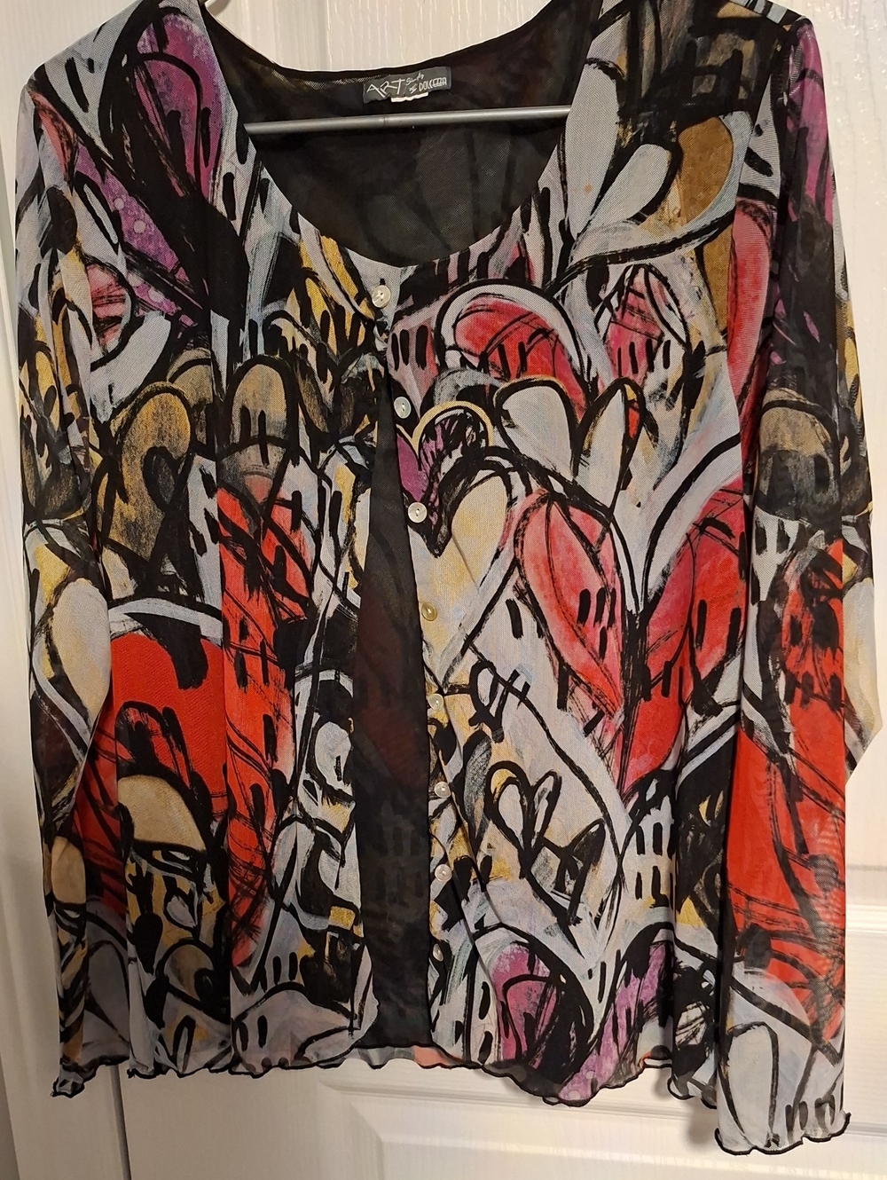 Art Simply By DolcezCollections Black Multi-Color Button-Front Women's Top